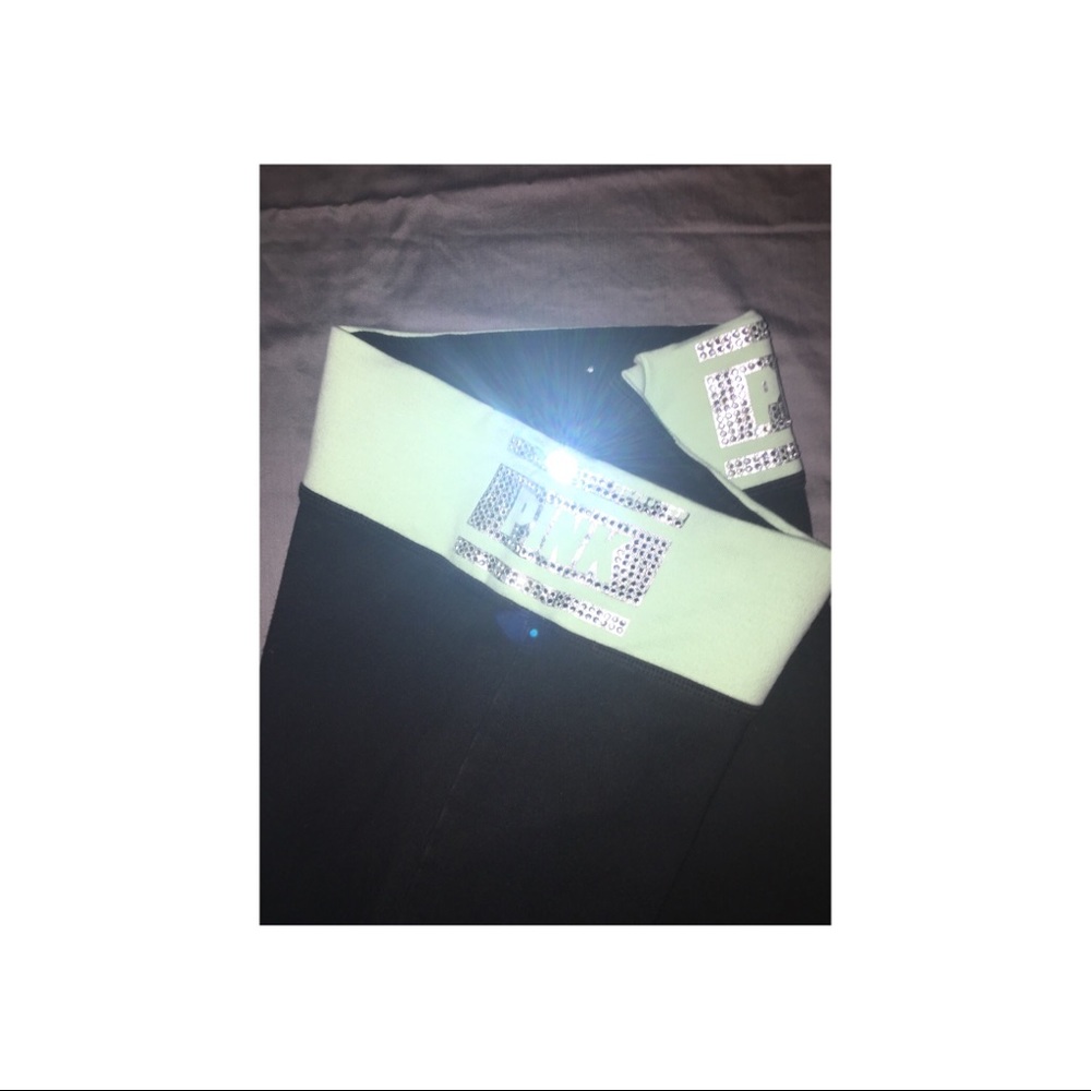 PINK Black Aqua Rhinestone Logo Yoga Pants